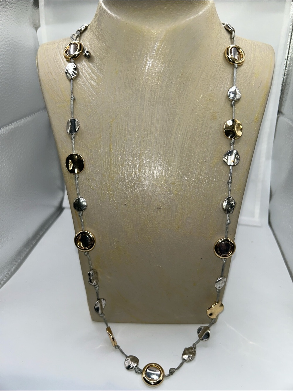 Gold silver adjustable slinging cord necklace mixed metals disc modern boho